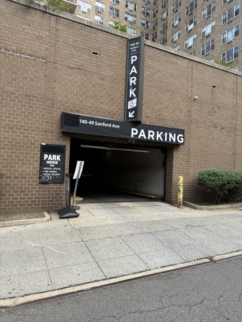 Parking garage entrance at 140-49 Sanford Ave in Flushing — park here for HQ Med Spa (paid, self & valet)