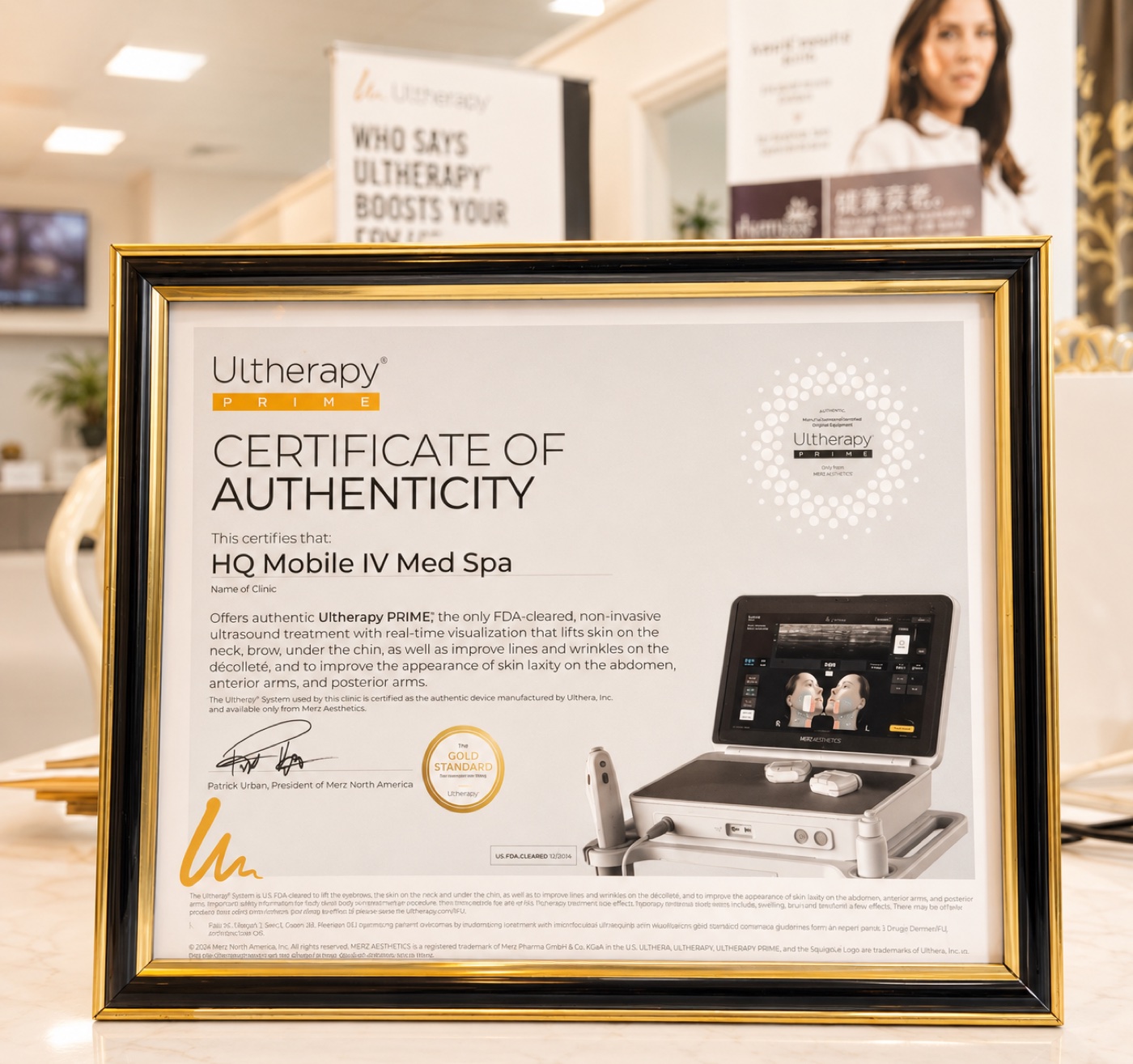 Ultherapy PRIME Certificate of Authenticity — HQ Med Spa Flushing Queens NY